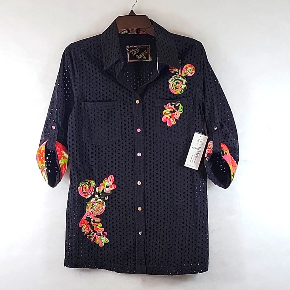 NWT Bleu Bayou Semi Sheer 3/4 Sleeve Button Down Blouse Size S